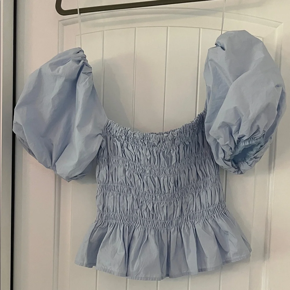 Light Blue Smocked Puff Sleeve Top - Picture 1 of 4